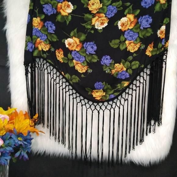 Asos Black Multi Color Floral Open Short Sleeve Fringed Robe Cover Up Size 8 - Picture 5 of 11